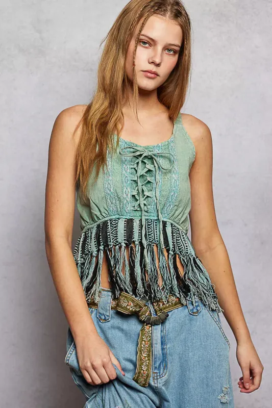 POL Lace-Up Fringe Hem Tank with Lace Detail made by Zulily