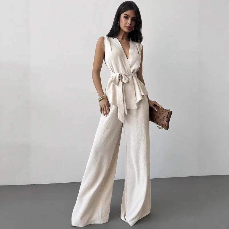 Women's Lace-Up V-Neck Vest & Pants Two-Piece Set – Elegant Commuter made by Zulily