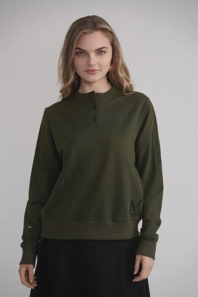 Dolman Sleeve Button Sweatshirt - Khaki sold by Zulily