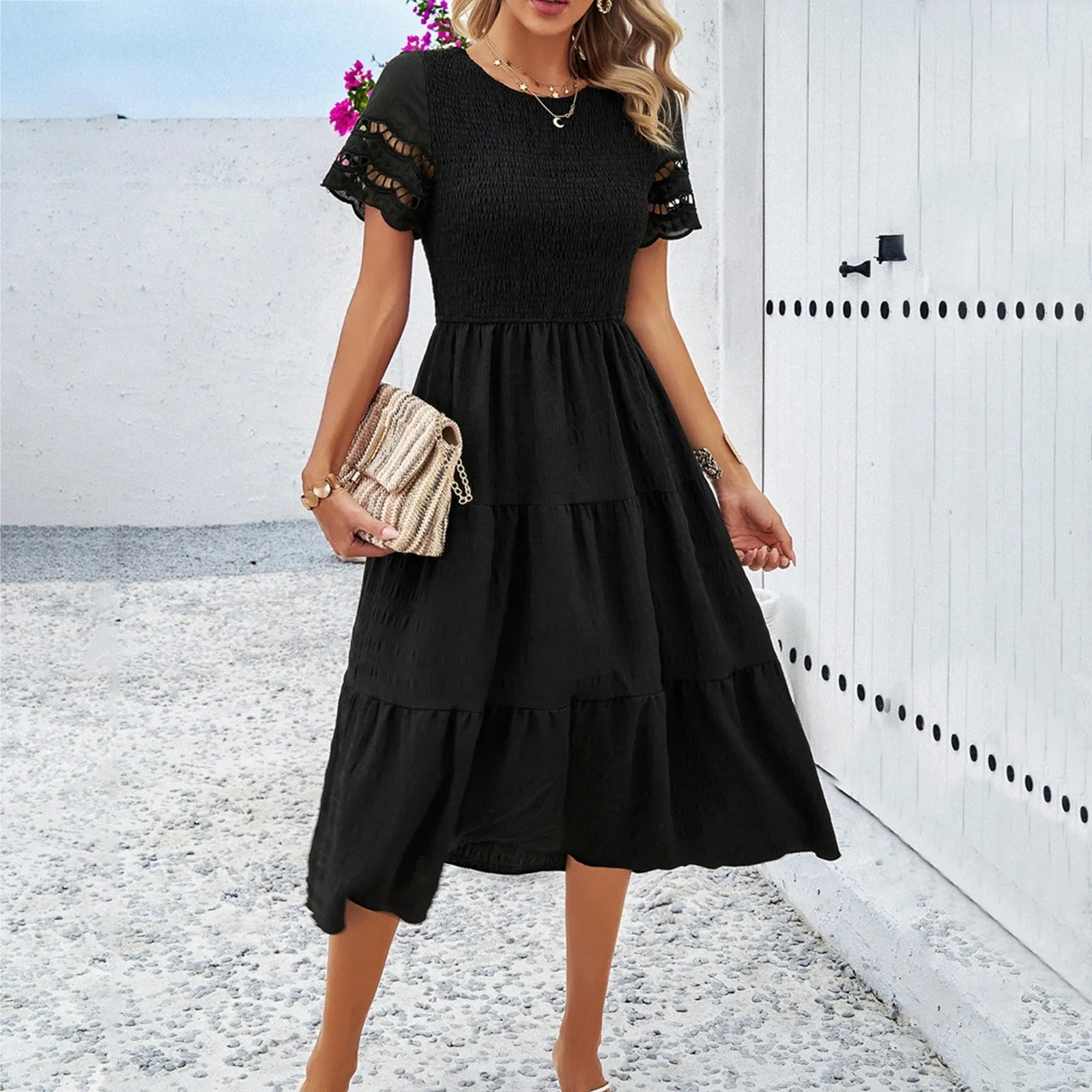 Spring and Summer Solid Color Temperament With a Pleated Hollow Dress sold by Zulily product image thumbnail 3