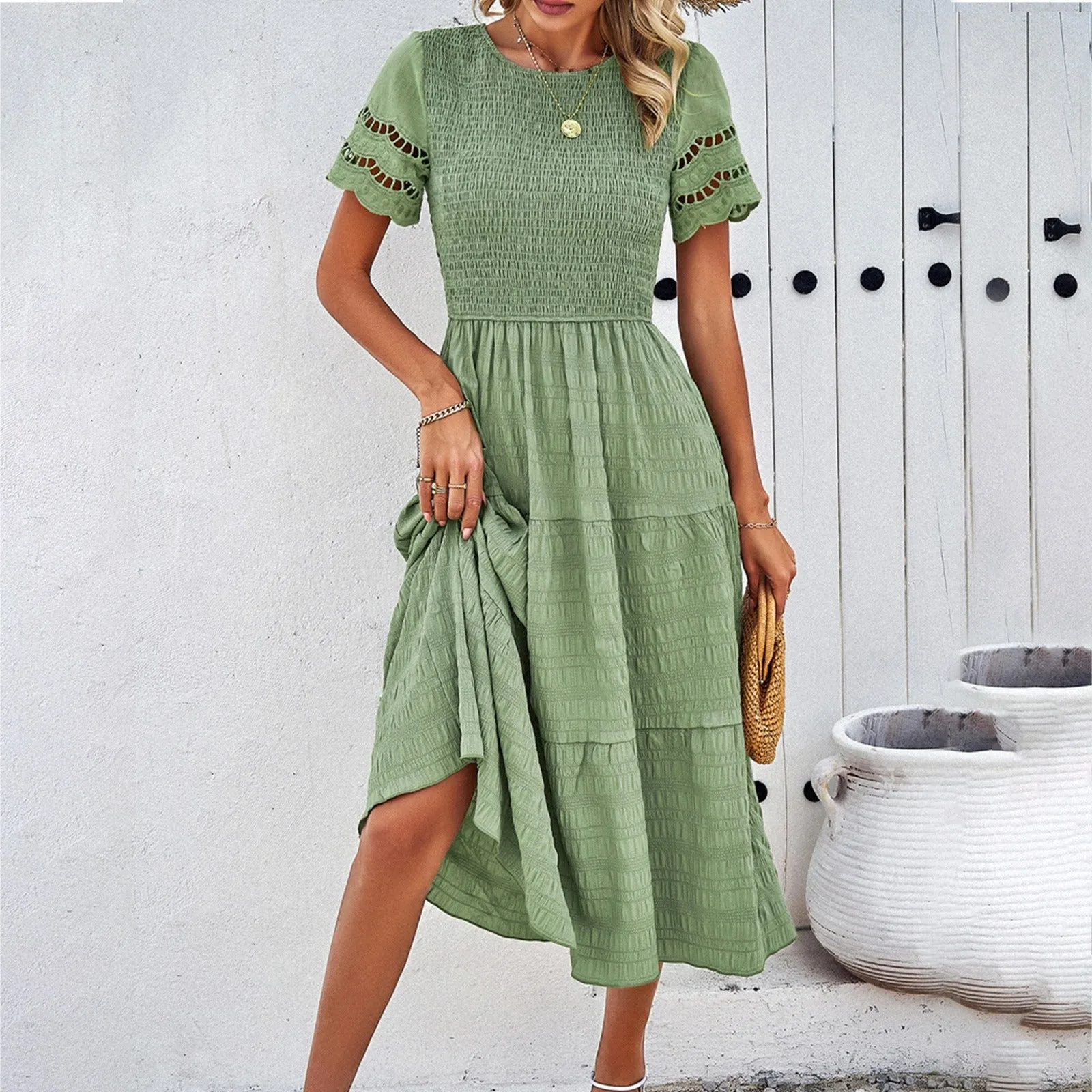 Spring and Summer Solid Color Temperament With a Pleated Hollow Dress sold by Zulily product image thumbnail 4