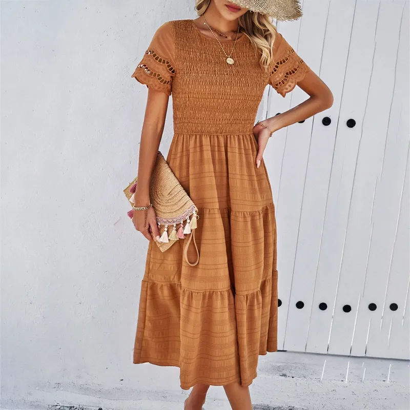 Spring and Summer Solid Color Temperament With a Pleated Hollow Dress made by Zulily