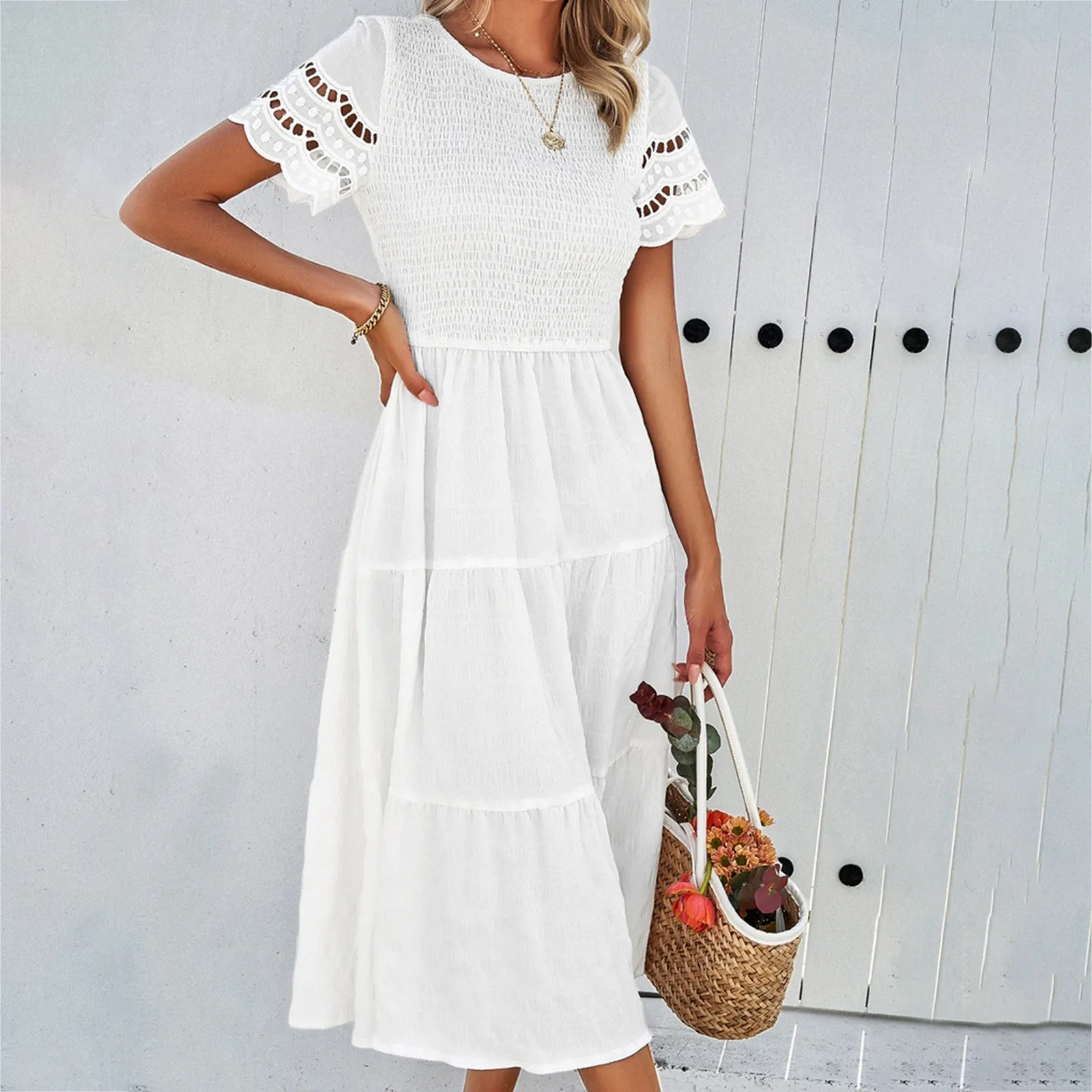 Spring and Summer Solid Color Temperament With a Pleated Hollow Dress sold by Zulily product image thumbnail 5