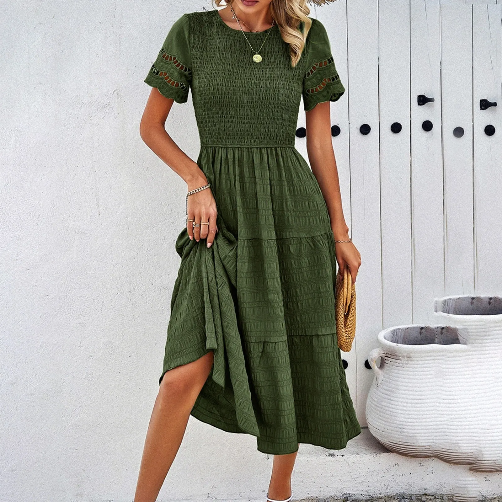 Spring and Summer Solid Color Temperament With a Pleated Hollow Dress sold by Zulily product image thumbnail 2