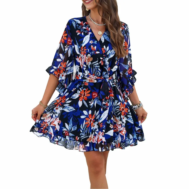Ladies’ Elegant Spring and Summer Temperament Printed Lace up Dress made by Zulily