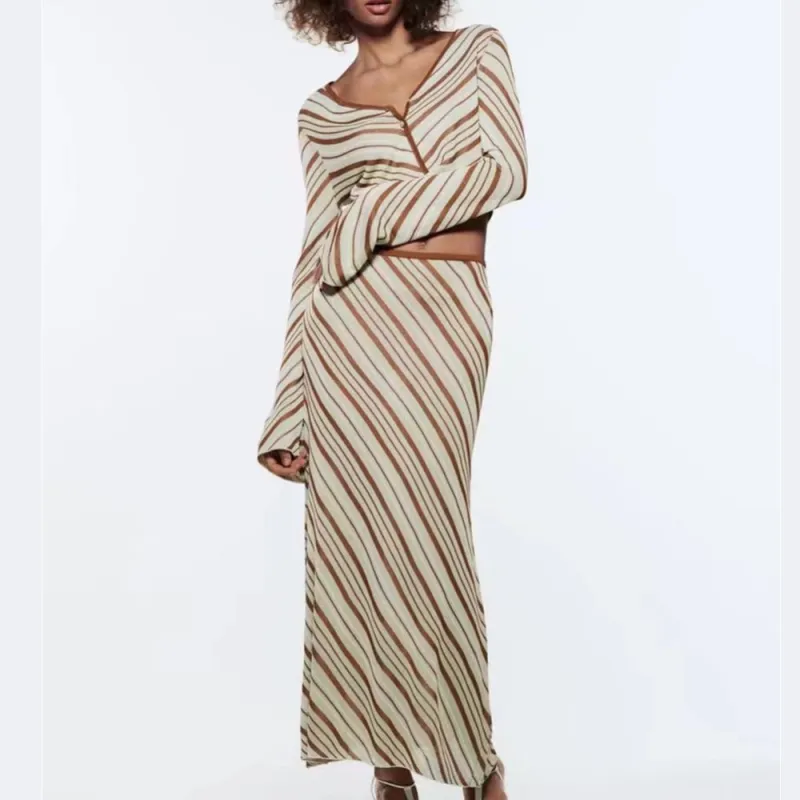 Spring/Summer Women's Striped Knit Top High Waist Skirt Suit made by Zulily