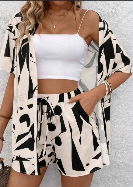 EMERY ROSE Color Blocking Geometric Printed Button Up Short Sleeve Top And Shorts Set For Summer Casual Vacation sold by Zulily product image thumbnail 4
