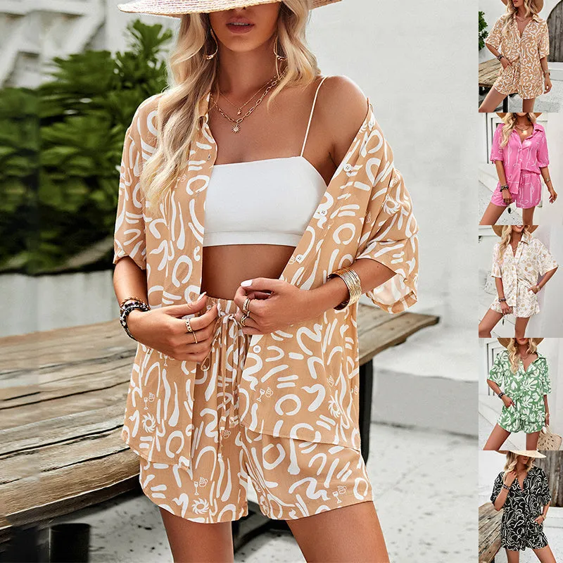 2Pcs Casual Printed Suits Short-sleeved Shirt And Drawstring Shorts Summer Fashion Womens Clothing sold by Zulily