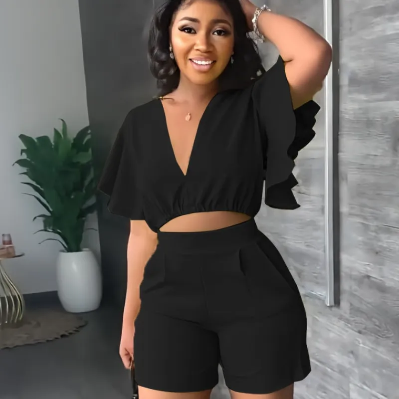 Ruffled Cropped V Neck Top Casual Shorts Summer Two-Piece Set made by Zulily