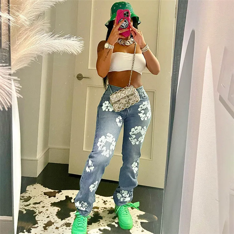 Fashionable Printed High Waist Straight Jeans For Women made by Zulily