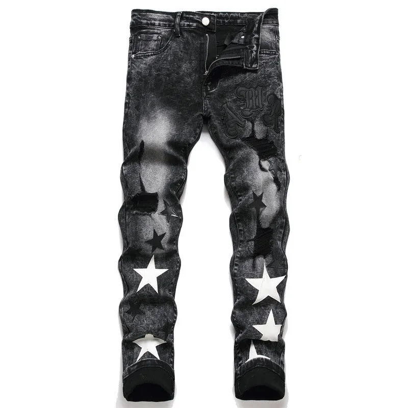 Punk Men's Jeans Hole Embroidery Five-pointed Star sold by Zulily product image thumbnail 4