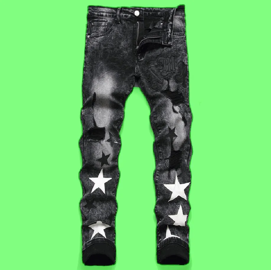 Punk Men's Jeans Hole Embroidery Five-pointed Star sold by Zulily