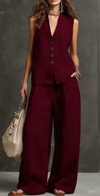 Women's Linen Sleeveless Vest & Wide-Leg Pants Two-Piece Set sold by Zulily product image thumbnail 3