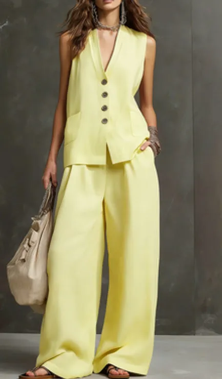 Women's Linen Sleeveless Vest & Wide-Leg Pants Two-Piece Set sold by Zulily