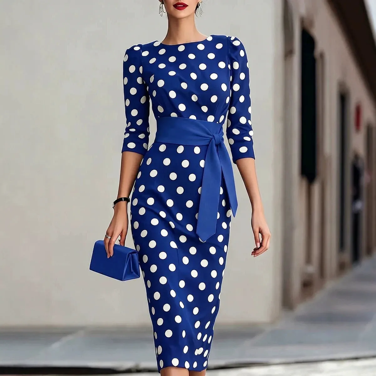 Women's Retro Polka-Dot Bodycon Midi Dress – Belted Cross-Tie sold by Zulily product image thumbnail 5