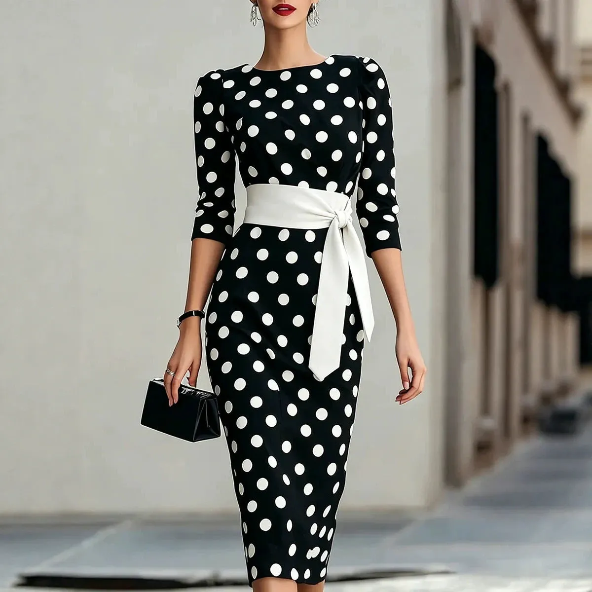 Women's Retro Polka-Dot Bodycon Midi Dress – Belted Cross-Tie sold by Zulily product image thumbnail 2
