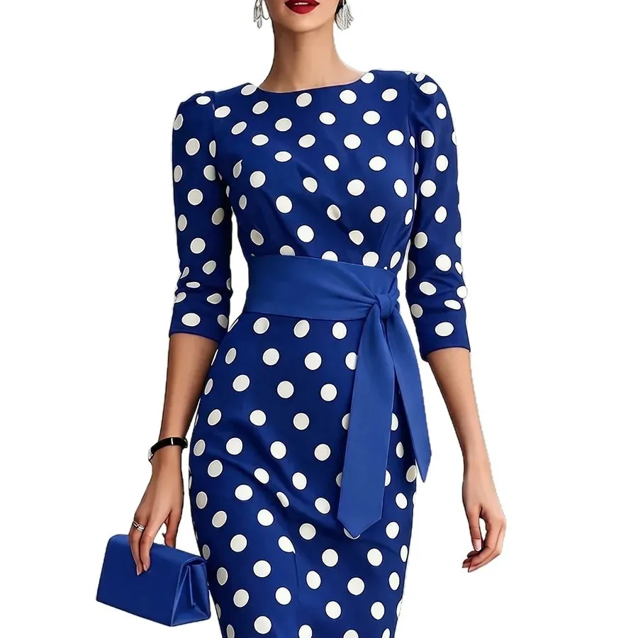 Women's Retro Polka-Dot Bodycon Midi Dress – Belted Cross-Tie sold by Zulily product image thumbnail 3