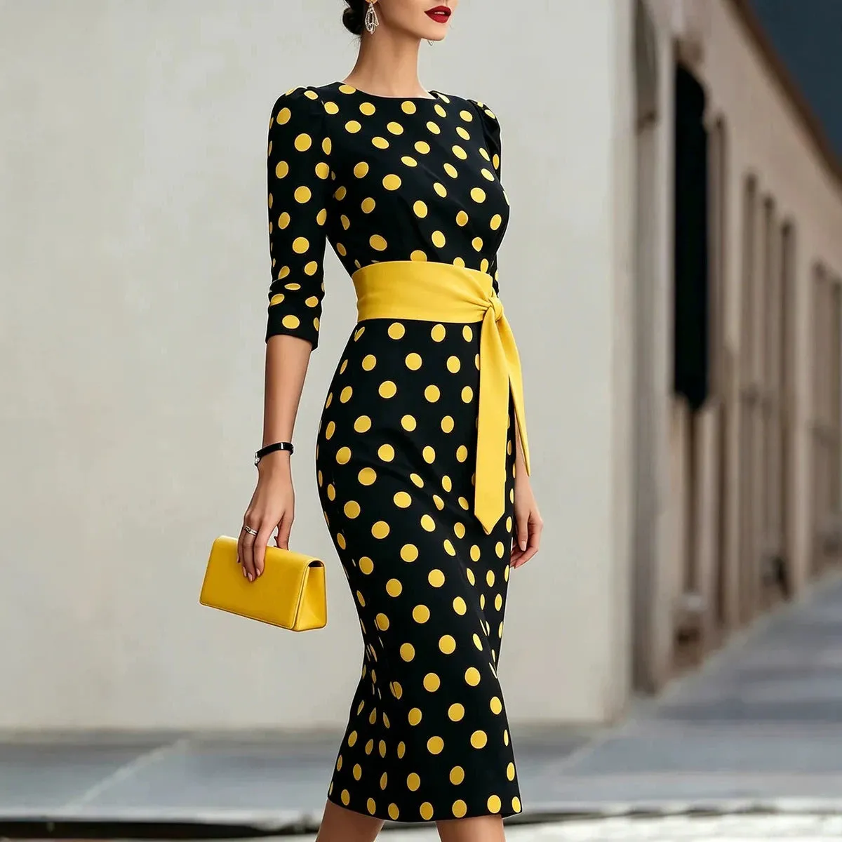 Women's Retro Polka-Dot Bodycon Midi Dress – Belted Cross-Tie sold by Zulily product image thumbnail 4