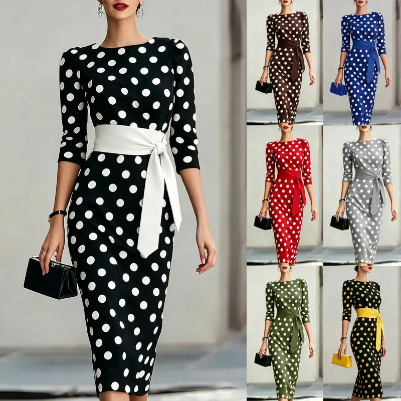 Women's Retro Polka-Dot Bodycon Midi Dress – Belted Cross-Tie made by Zulily
