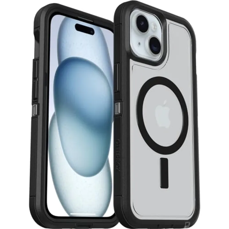 OtterBox iPhone 16e 15 14 & 13 Defender Series XT Clear Case - DARK SIDE (Black/Clear) screenless rugged  snaps to MagSafe lanyard attachment (ships in polybag) made by OtterBox