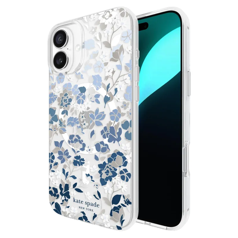 kate spade new york iPhone 16 Plus Case - Compatible with MagSafe - Designer Phone Case - Flowerbed Blue Gems made by Kate Spade
