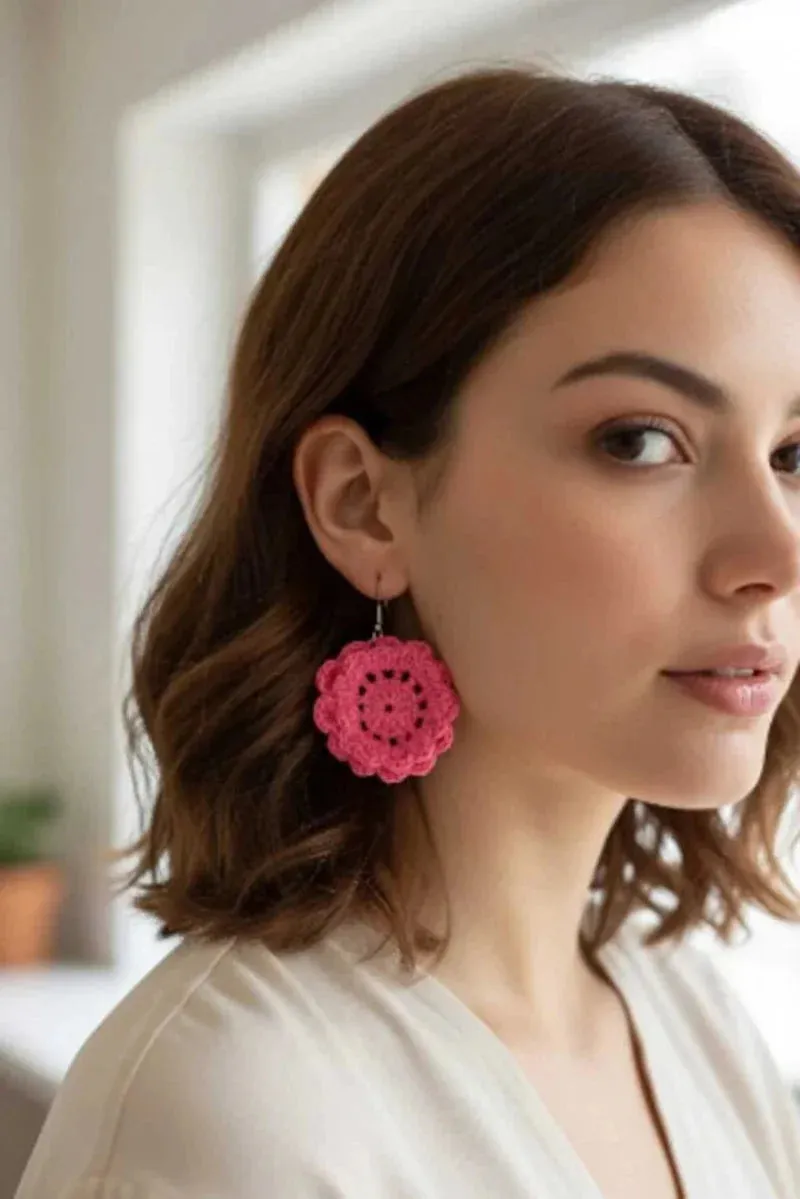 Women’s Handmade Pink Crochet Flower Earrings – Boho Floral Drop Design sold by Zulily product image thumbnail 3