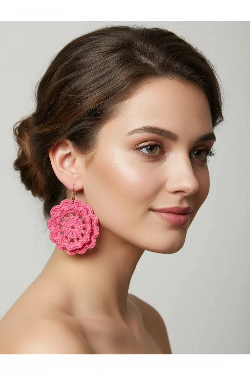 Women’s Handmade Pink Crochet Flower Earrings – Boho Floral Drop Design sold by Zulily product image thumbnail 2