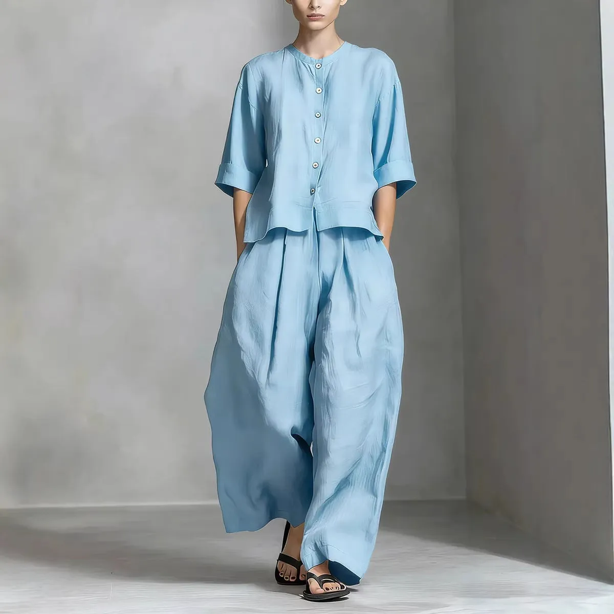 Three-Quarter Sleeve Shirt & Loose Trousers Two-Piece Set sold by Zulily product image thumbnail 2