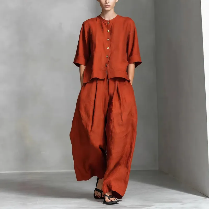 Three-Quarter Sleeve Shirt & Loose Trousers Two-Piece Set made by Zulily