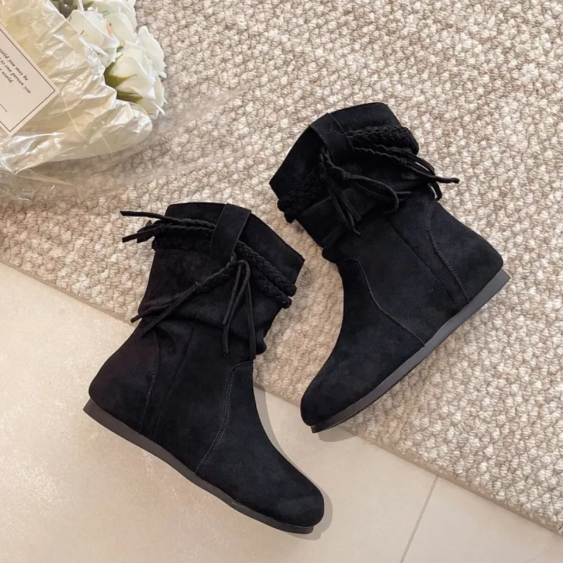 Suede Fringe Round Toe Boots with Block Heel made by Zulily