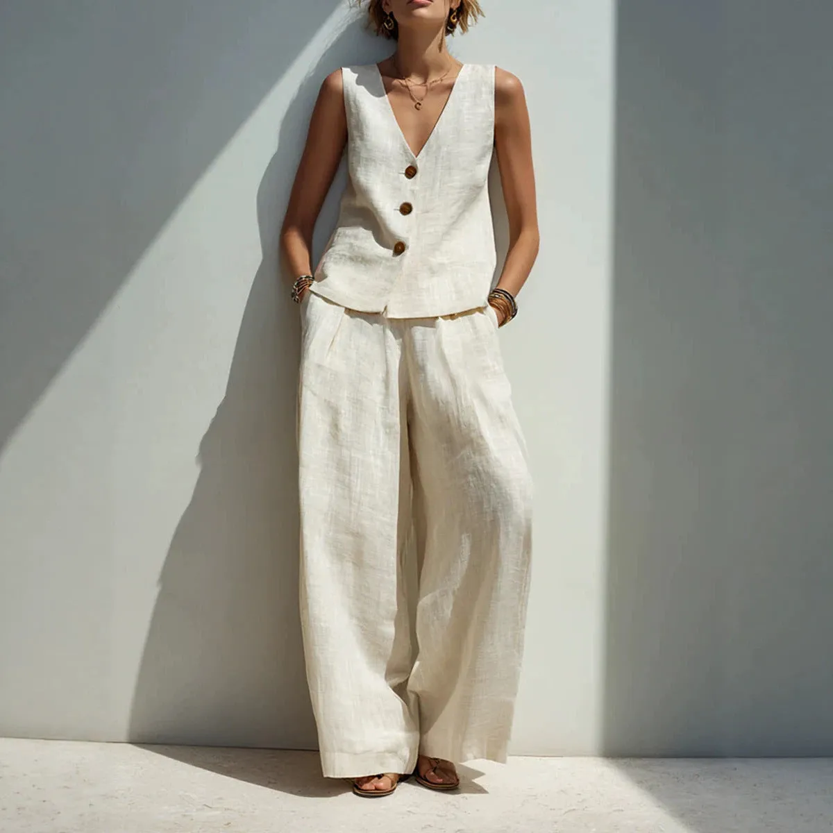 Linen Blend V-Neck Buttoned Vest & High-Waist Wide-Leg Pants Set – 5 Colors S–3XL sold by Zulily product image thumbnail 5