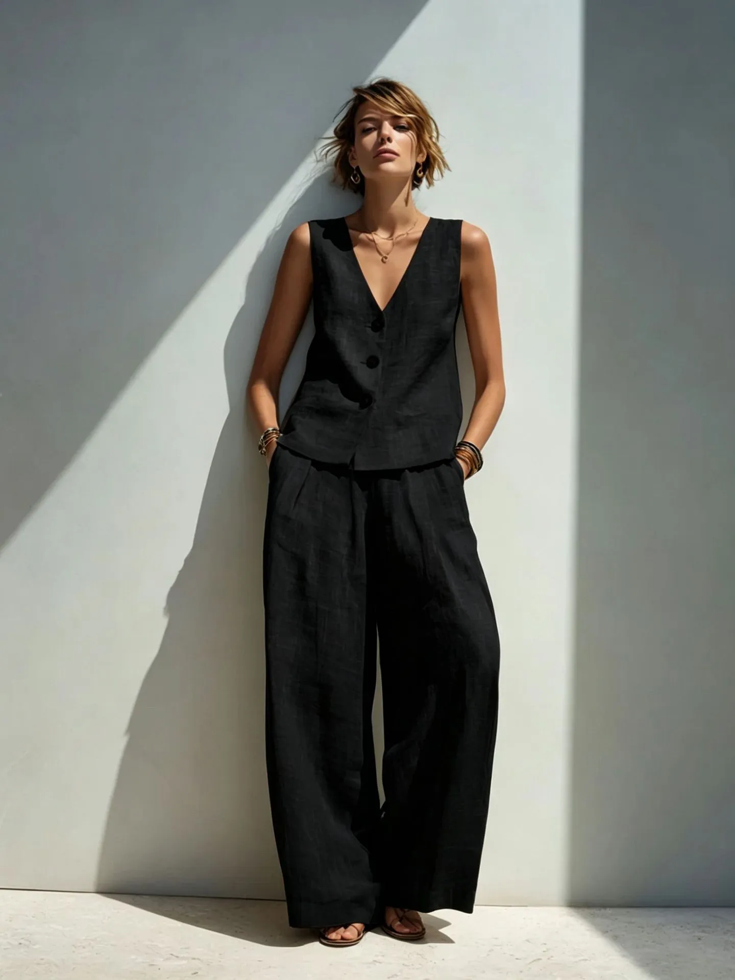 Linen Blend V-Neck Buttoned Vest & High-Waist Wide-Leg Pants Set – 5 Colors S–3XL sold by Zulily product image thumbnail 2
