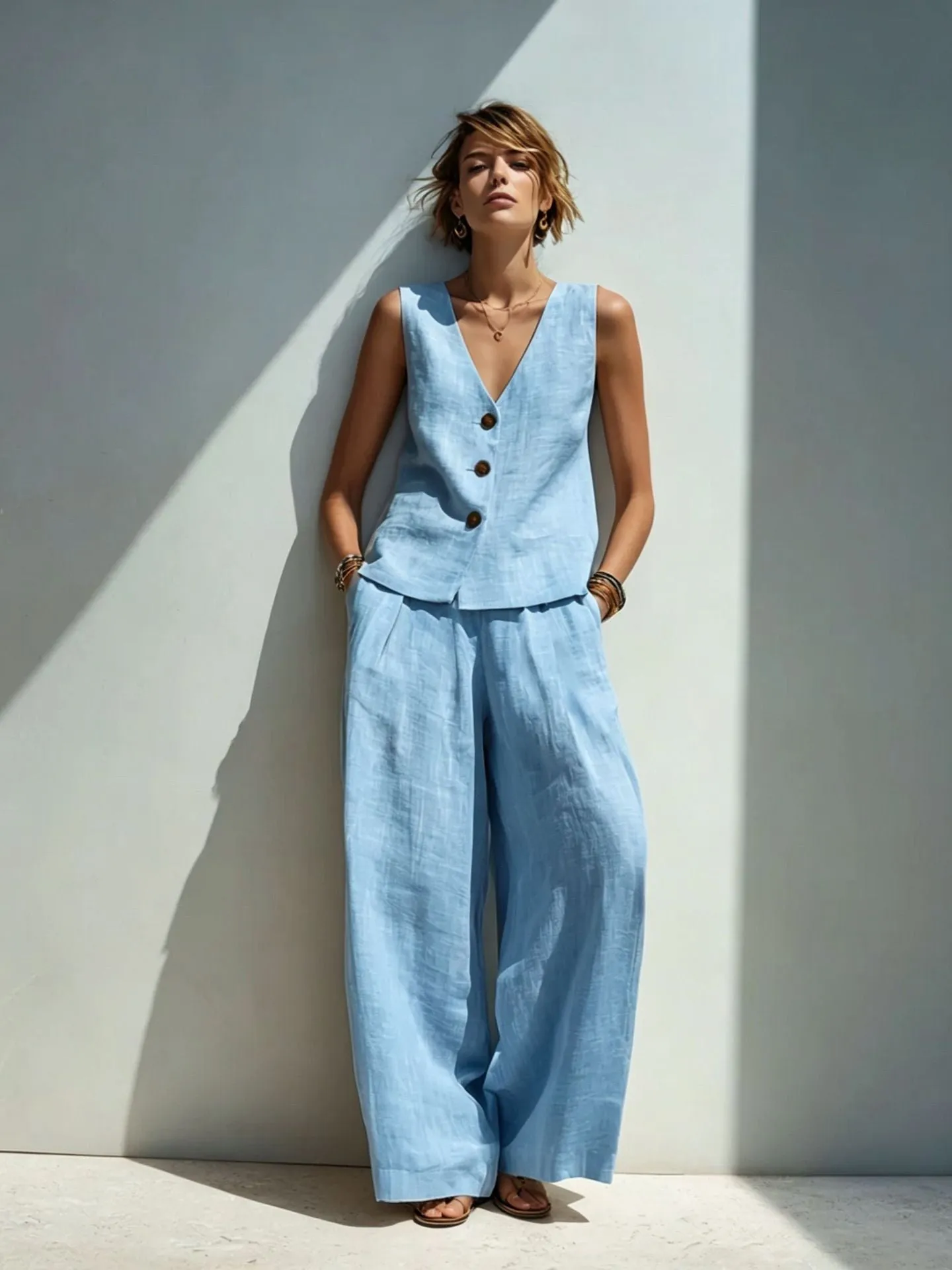 Linen Blend V-Neck Buttoned Vest & High-Waist Wide-Leg Pants Set – 5 Colors S–3XL sold by Zulily product image thumbnail 3