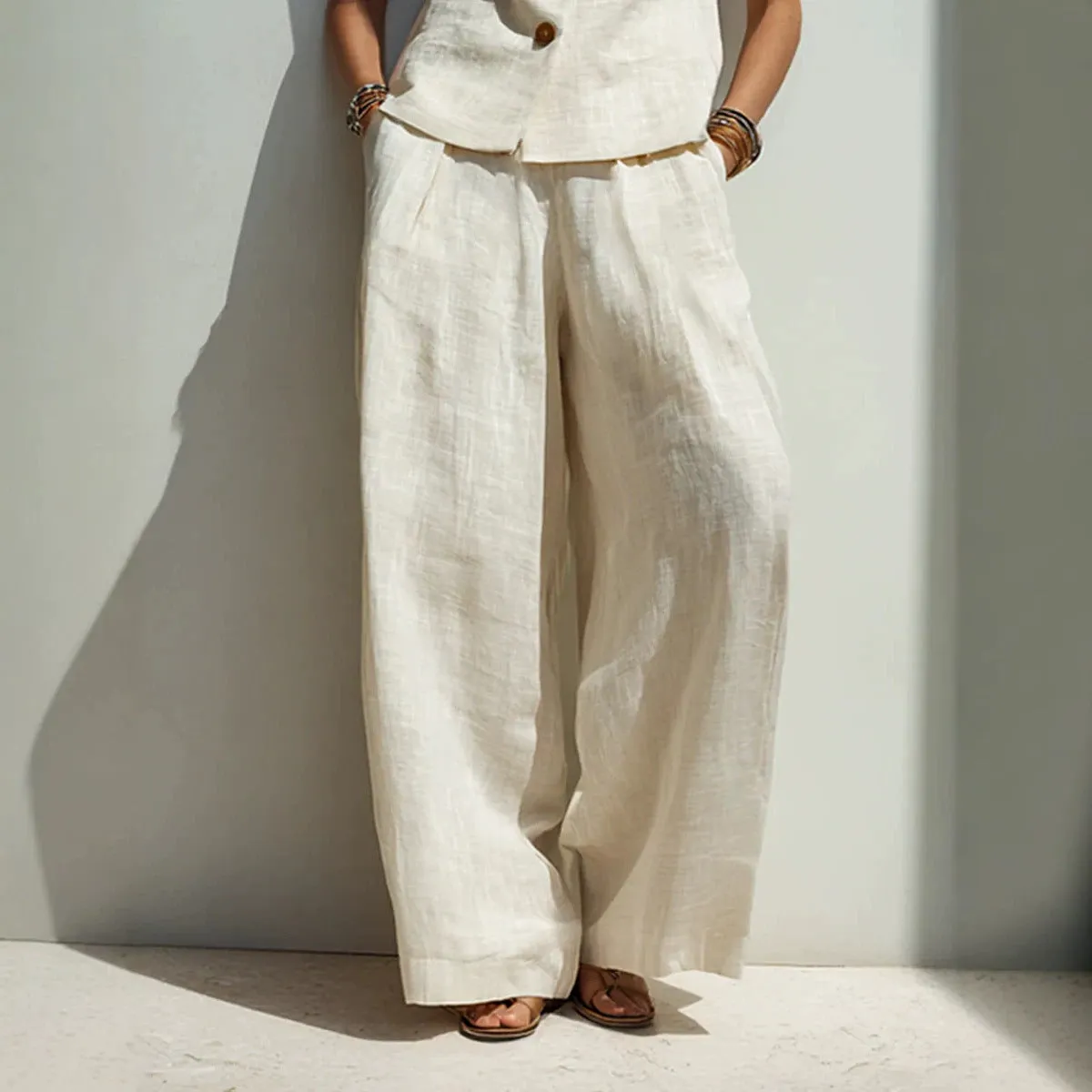 Linen Blend V-Neck Buttoned Vest & High-Waist Wide-Leg Pants Set – 5 Colors S–3XL sold by Zulily product image thumbnail 4