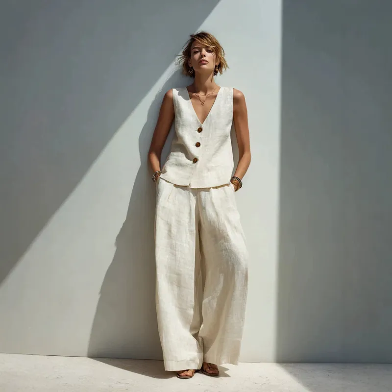 Linen Blend V-Neck Buttoned Vest & High-Waist Wide-Leg Pants Set – 5 Colors S–3XL made by Zulily