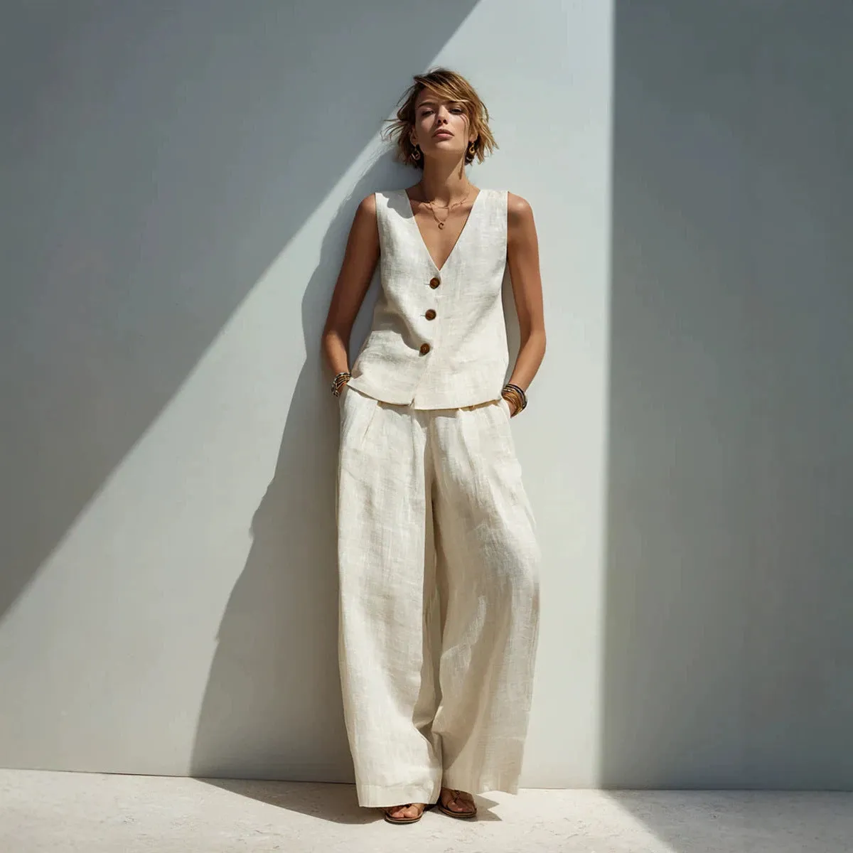 Linen Blend V-Neck Buttoned Vest & High-Waist Wide-Leg Pants Set – 5 Colors S–3XL sold by Zulily