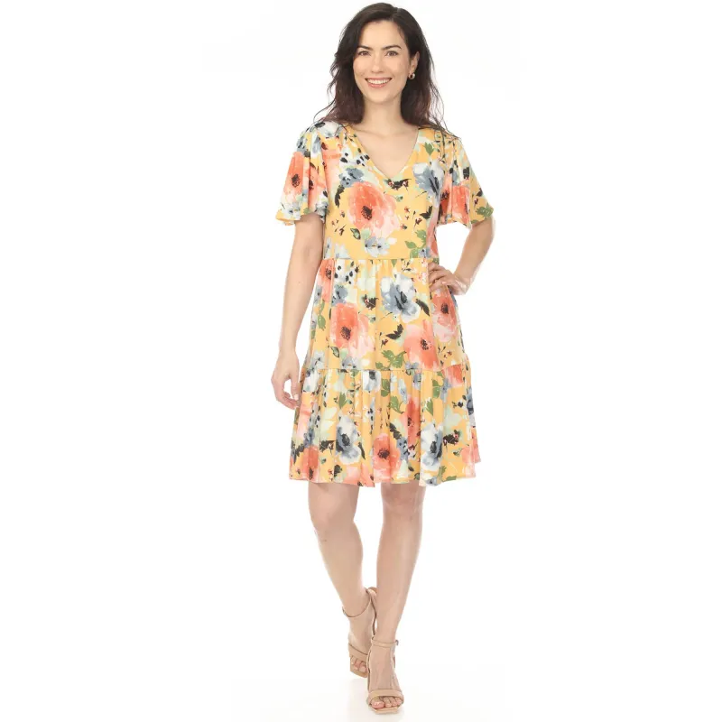 Women's V-Neck Vintage Floral Short Sleeve Dress made by White Mark