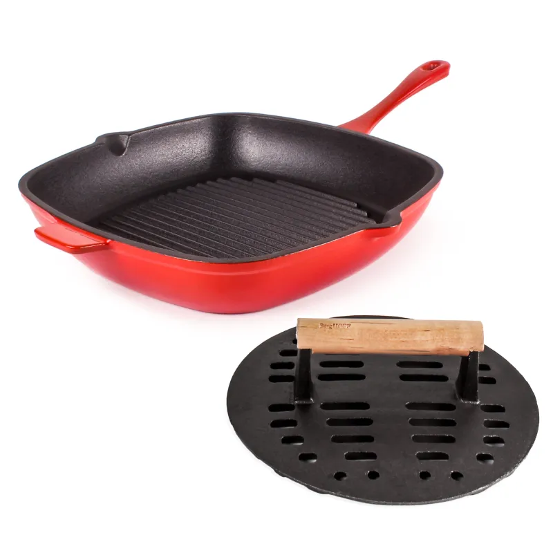 BergHOFF Neo 2pc Cast Iron 11" Grill Pan with Slotted Steak Press, Red made by Zulily