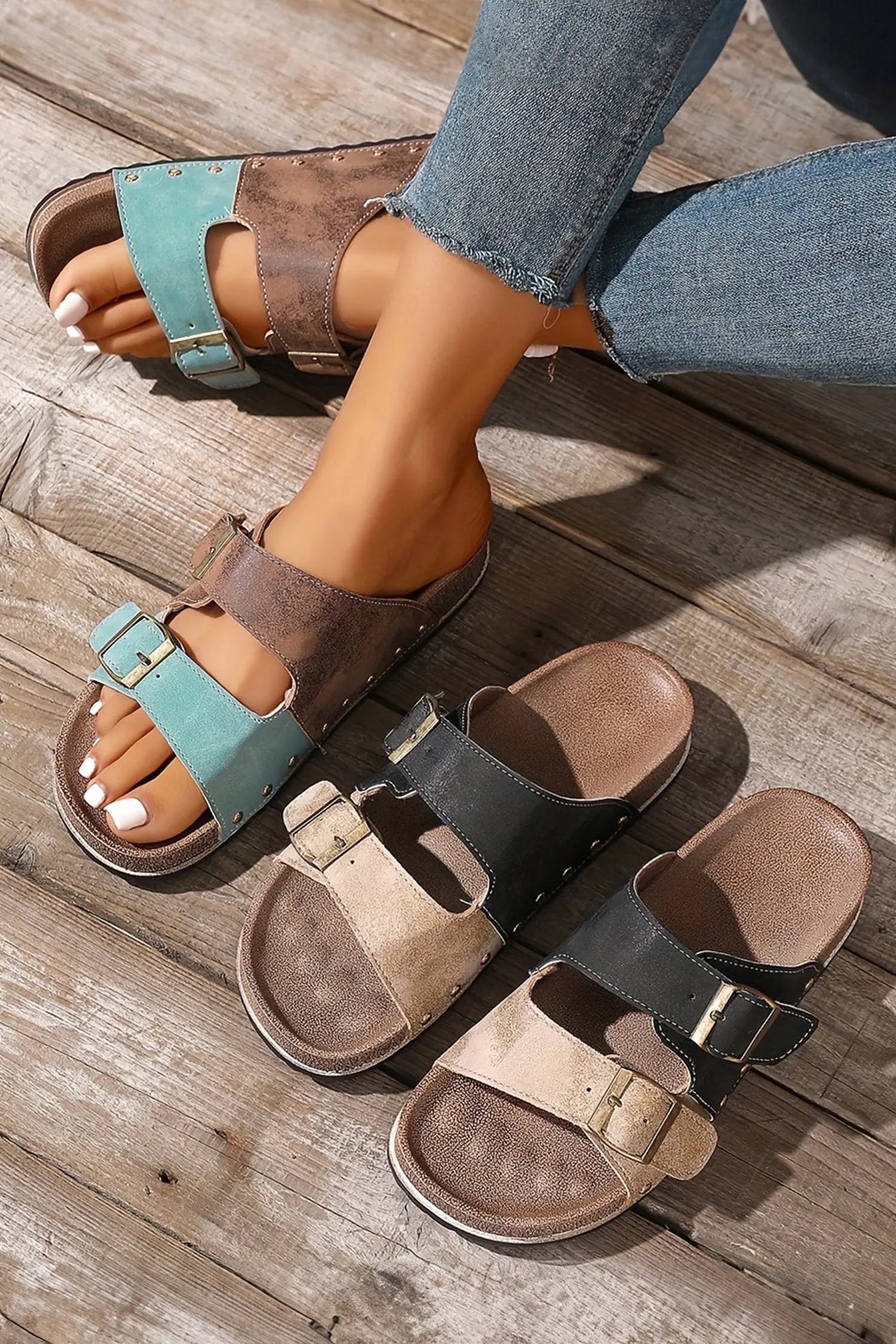 Light Blue Two-tone Retro Buckle Straps Hollowed Faux Suede Slippers sold by Zulily product image thumbnail 4
