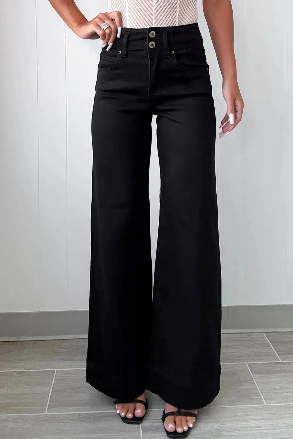 Black 2-Button High Waist Flared Bottom Jeans sold by Zulily