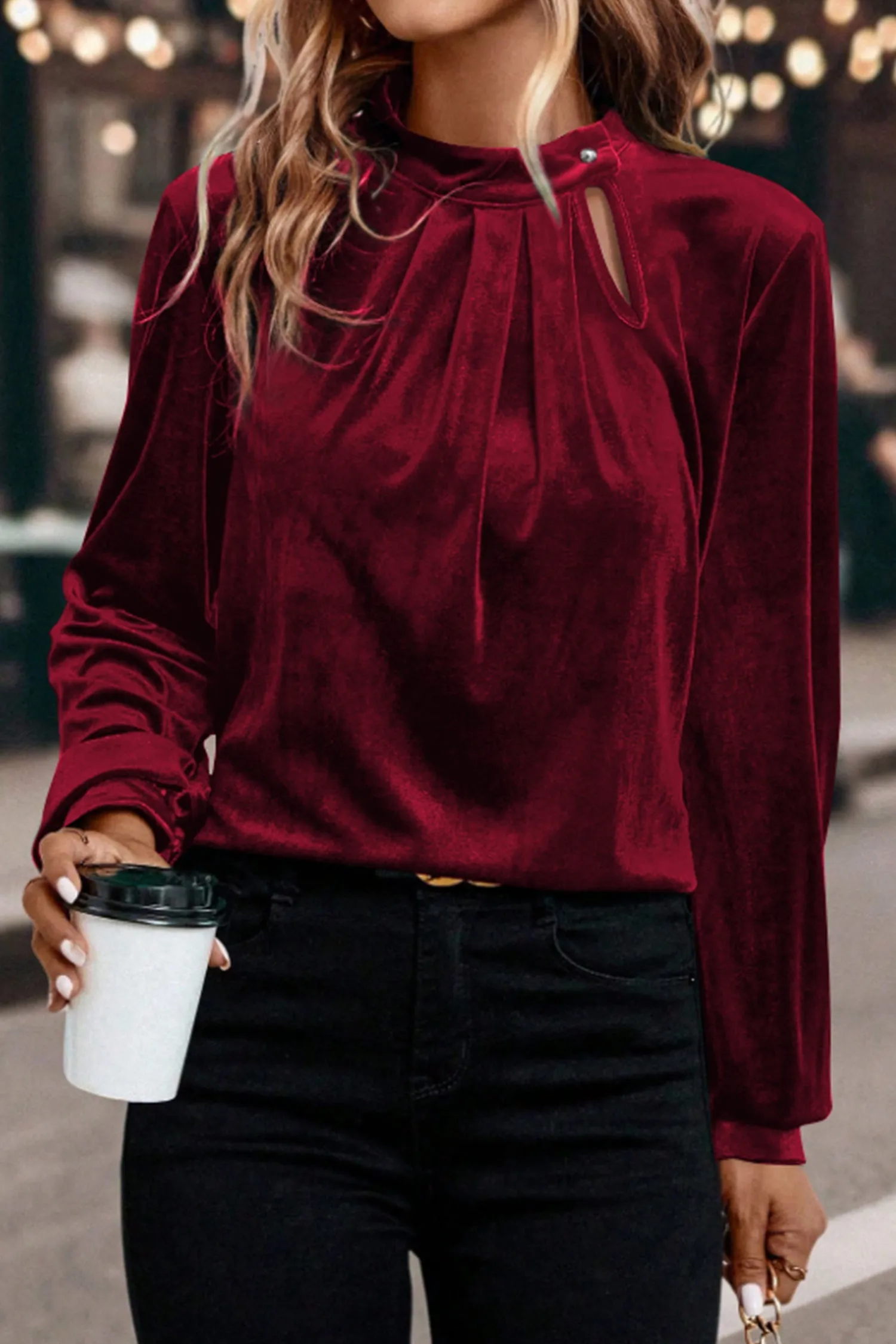 Red Dahlia Asymmetric Button Keyhole Neck Long Sleeve Velvet Blouse sold by Zulily product image thumbnail 3