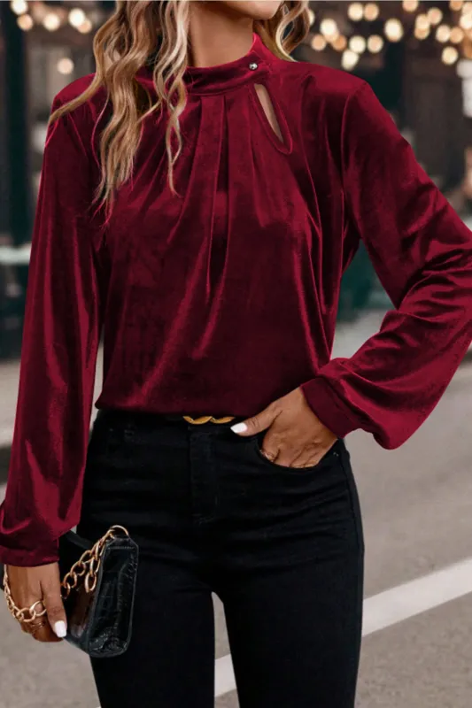 Red Dahlia Asymmetric Button Keyhole Neck Long Sleeve Velvet Blouse made by Zulily