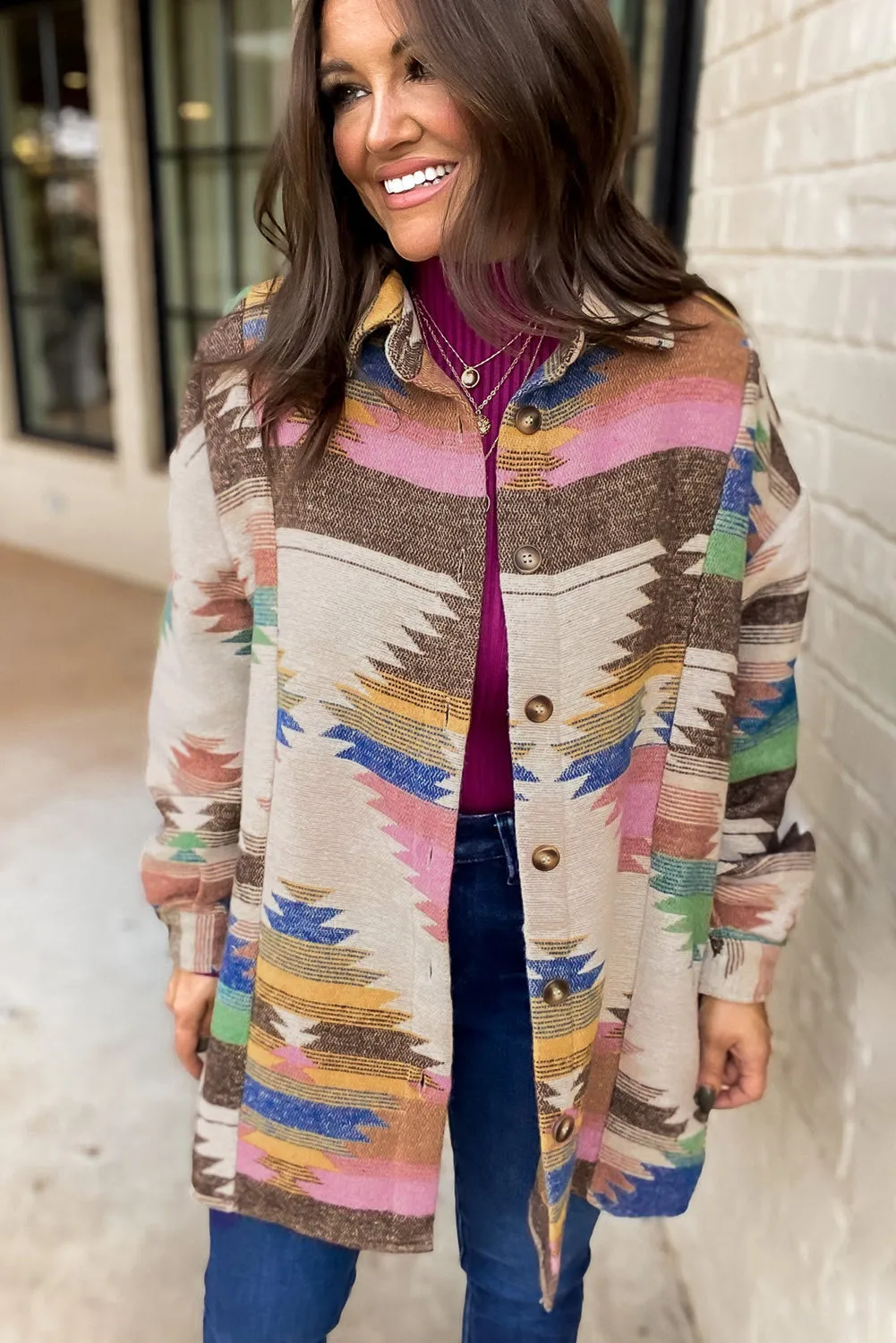 White Aztec Print Button Up Shacket sold by Zulily product image thumbnail 5