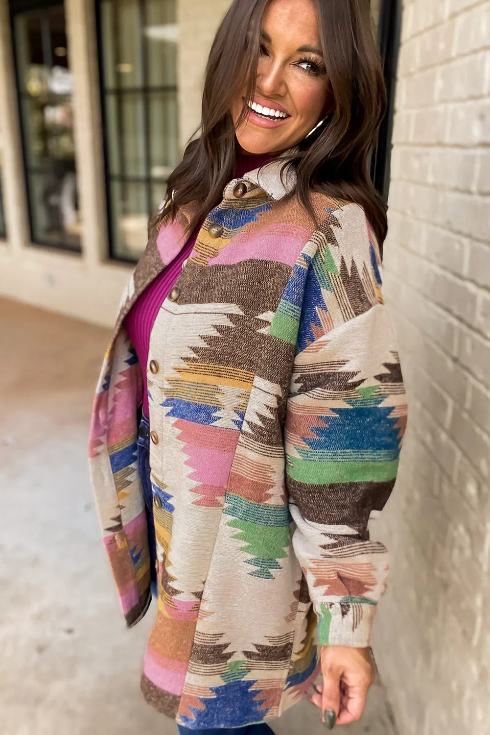 White Aztec Print Button Up Shacket sold by Zulily product image thumbnail 3