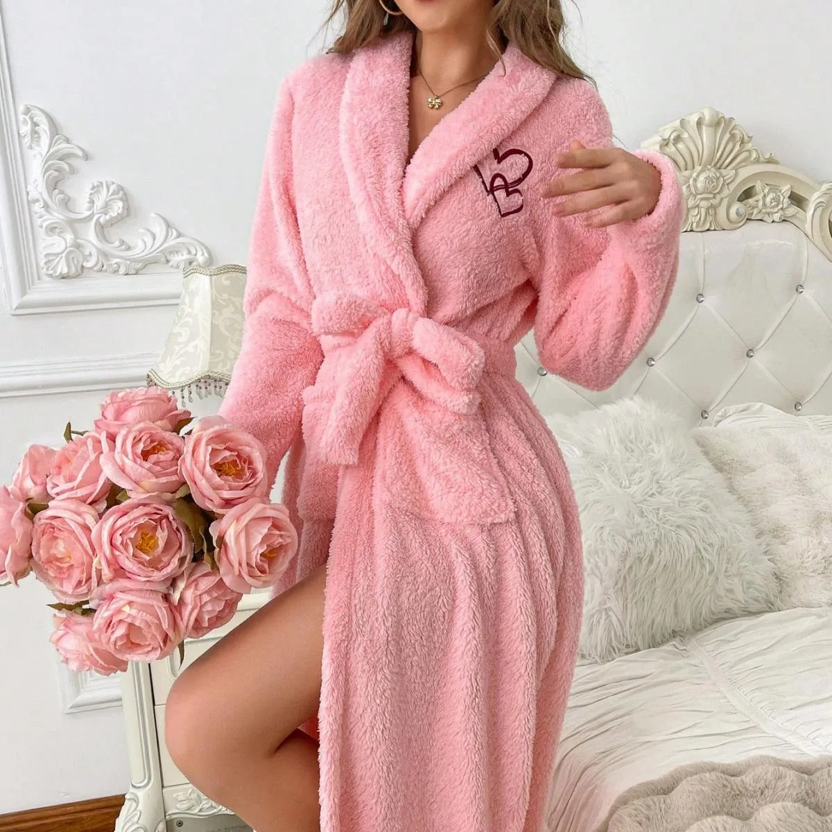 Women's Plush Heart Embroidered Bathrobe sold by Zulily product image thumbnail 3