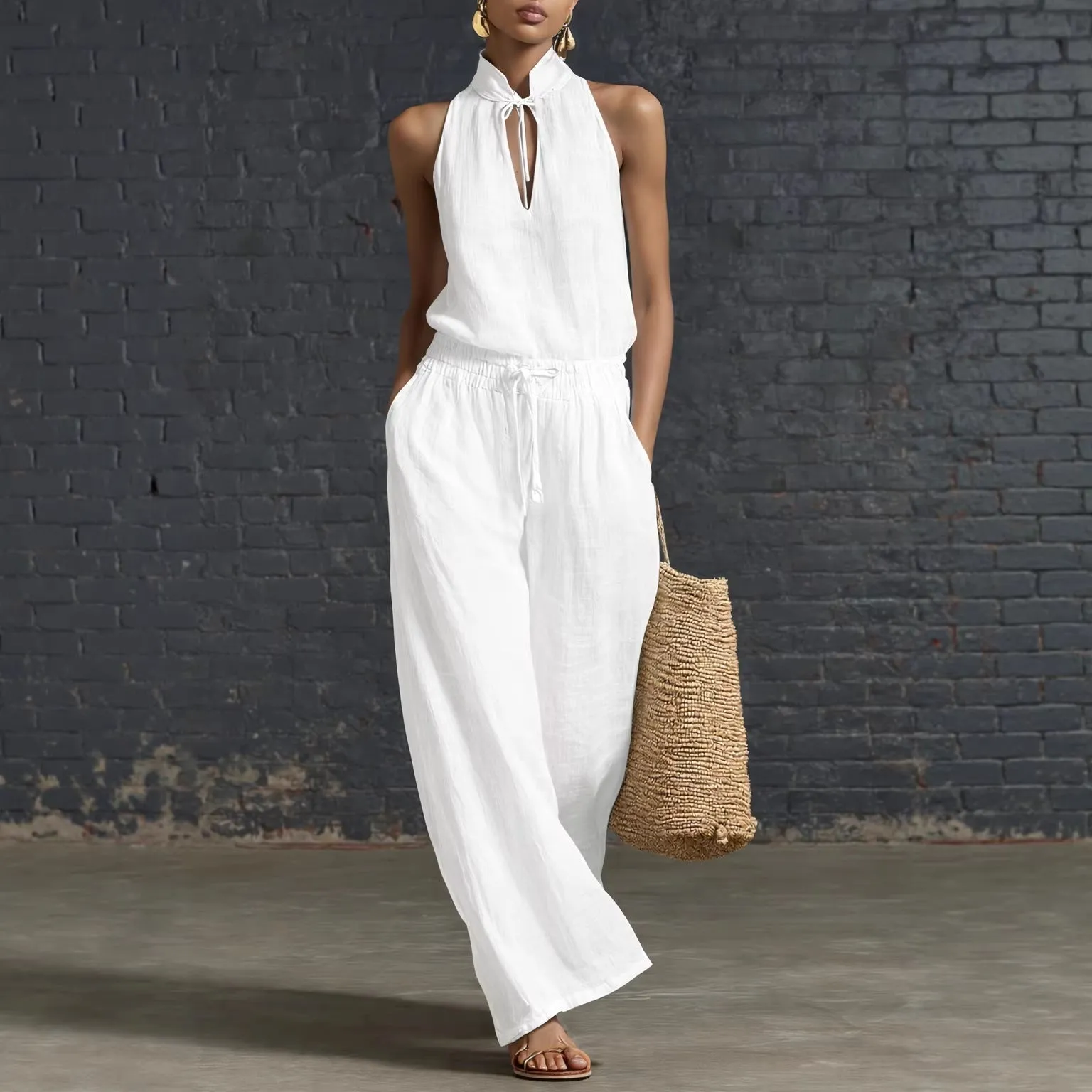 Women's Cotton Linen Sleeveless Top & Wide-Leg Pants Two-Piece Set sold by Zulily product image thumbnail 4