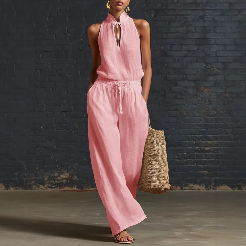 Women's Cotton Linen Sleeveless Top & Wide-Leg Pants Two-Piece Set made by Zulily