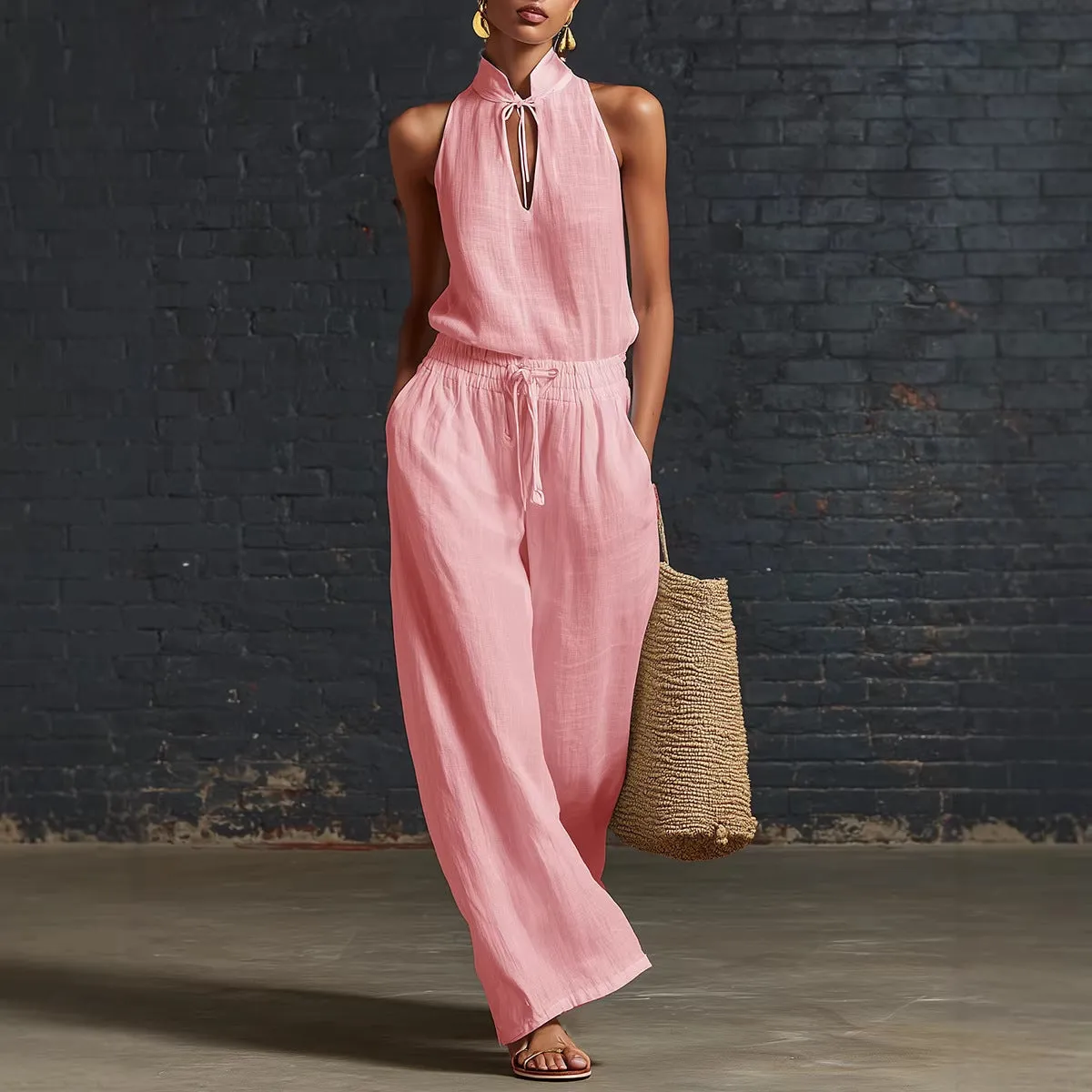 Women's Cotton Linen Sleeveless Top & Wide-Leg Pants Two-Piece Set sold by Zulily
