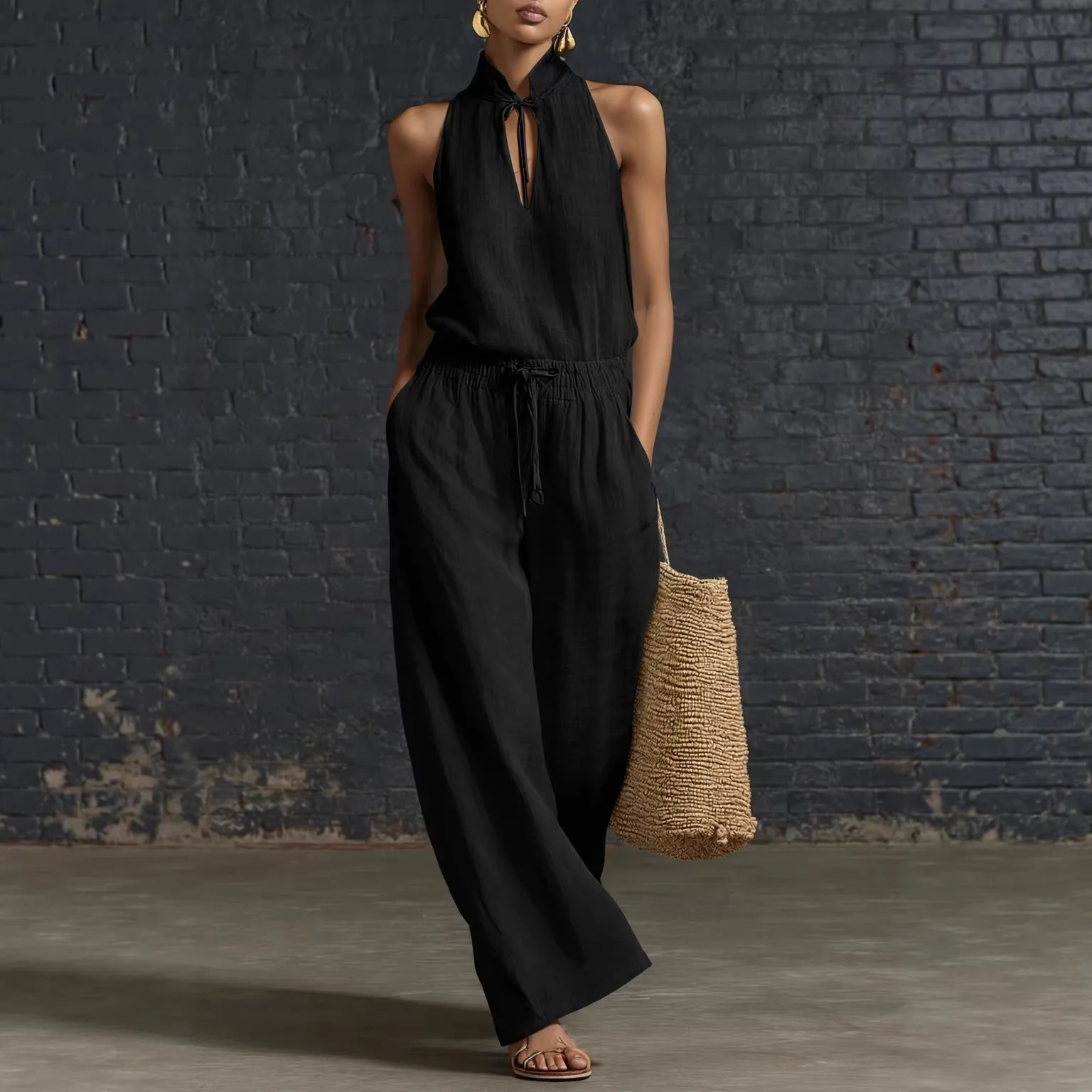 Women's Cotton Linen Sleeveless Top & Wide-Leg Pants Two-Piece Set sold by Zulily product image thumbnail 2