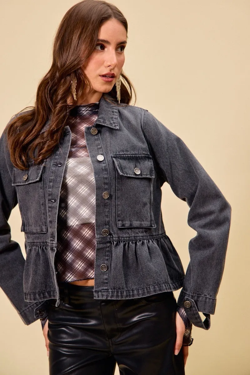 SO ME Denim Peplum Hem Front Button Jacket With Pockets sold by Zulily product image thumbnail 4